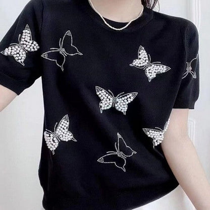 Y-322 Rhinestone & Pearl Butterfly Dressy Tee in Black