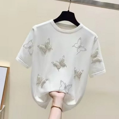 Rhinestone & Pearl Butterfly Dressy Tee in White