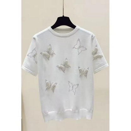 Rhinestone & Pearl Butterfly Dressy Tee in White