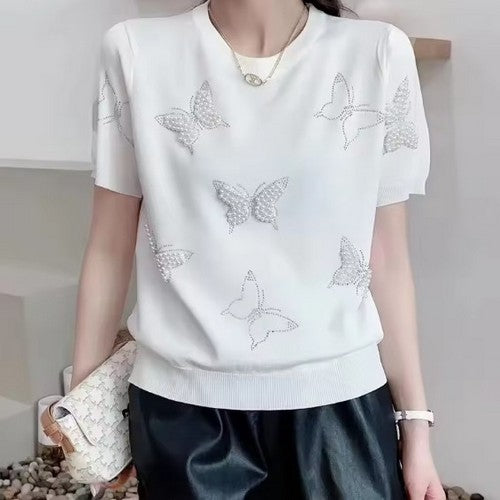 Y-322 Rhinestone & Pearl Butterfly Dressy Tee in White