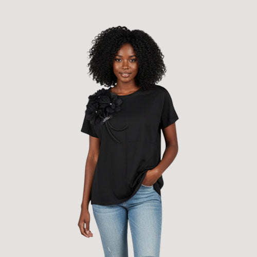 Handmade Flower Applique Dressy Tee in Black