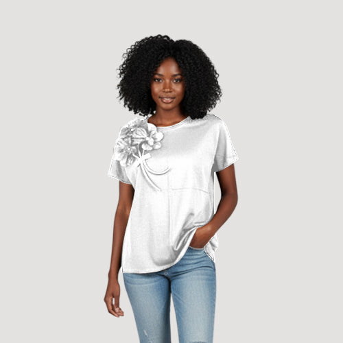 Handmade Flower Applique Dressy Tee in White