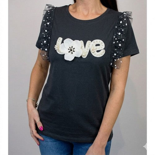Love Rhinestone & Pearl Ruffle Dressy Tee in Black