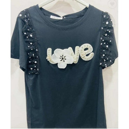 MB30 Love Rhinestone & Pearl Ruffle Dressy Tee in Black
