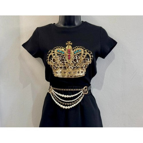 R1779 Sequin & Rhinestone Crown Dressy Tee in Black