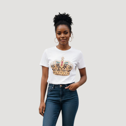 Sequin & Rhinestone Crown Dressy Tee in White