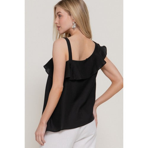 Asymmetric Ruffle Blouse in Black