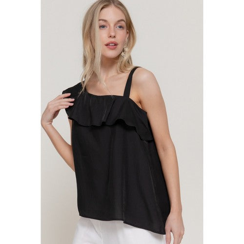 Asymmetric Ruffle Blouse in Black