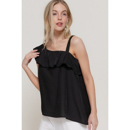 Asymmetric Ruffle Blouse in Black