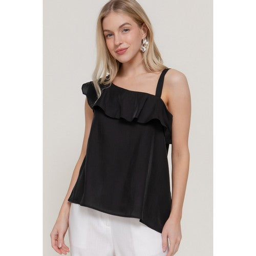 T14958 Asymmetric Ruffle Blouse in Black