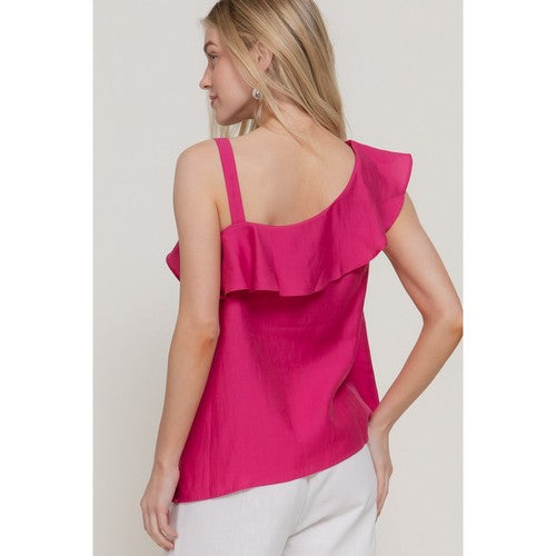 Asymmetric Ruffle Blouse in Magenta