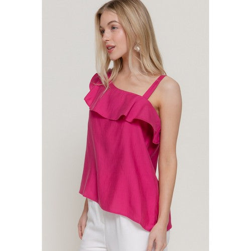 Asymmetric Ruffle Blouse in Magenta