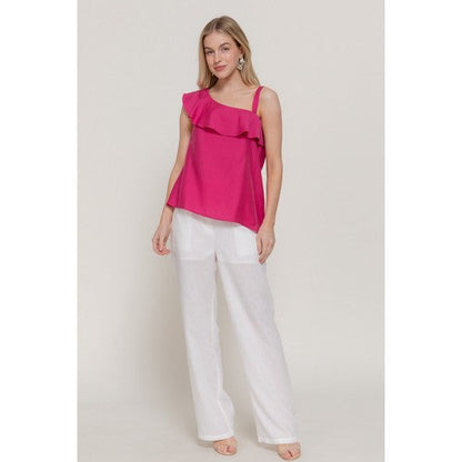 Asymmetric Ruffle Blouse in Magenta