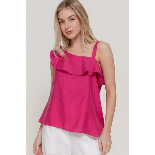 T14958 Asymmetric Ruffle Blouse in Magenta