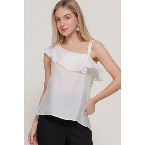 T14958 Asymmetric Ruffle Blouse in Off White