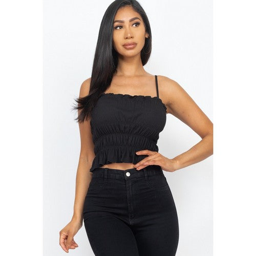 BT3143-C0921 Spaghetti Strap Tiered Shirred Crop Top in Black