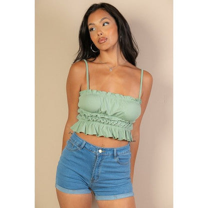 BT3143-C0921 Spaghetti Strap Tiered Shirred Crop Top in Green Bay