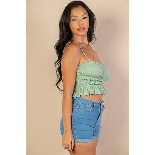 Spaghetti Strap Tiered Shirred Crop Top in Green Bay