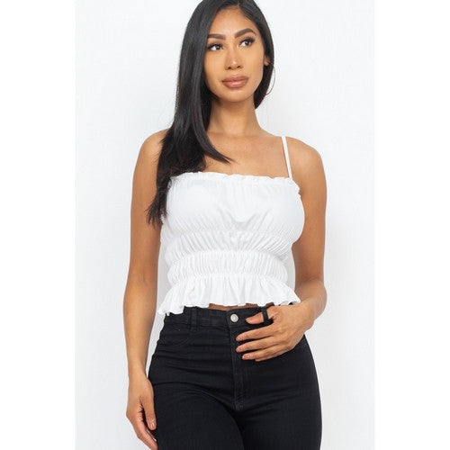 BT3143-C0921 Spaghetti Strap Tiered Shirred Crop Top in White