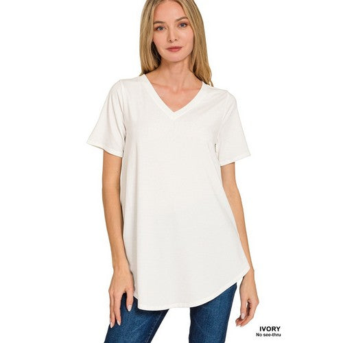 RT-2104D4 V Neck Round Hem Long Jersey in Ivory