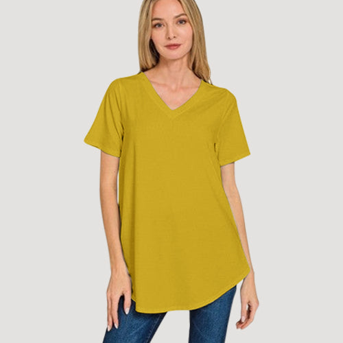 V-Neck Round Hem Longline Jersey in Olive Mustard