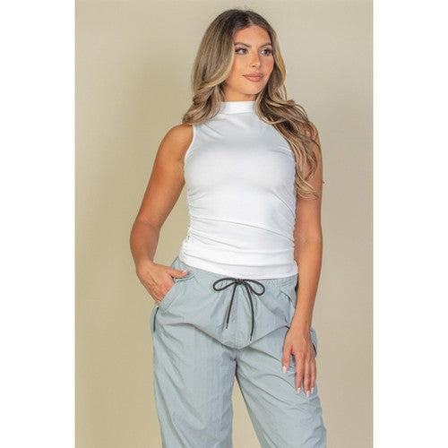 BT3970-W Ribbed Knit Ruched Side Sleeveless Top in White