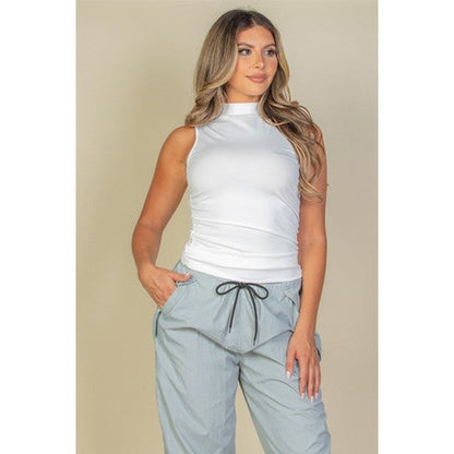 BT3970-W Ribbed Knit Ruched Side Sleeveless Top in White