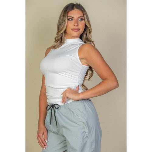 Ruche Side High Neck Rib Tank Top in White