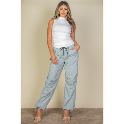 Ruche Side High Neck Rib Tank Top in White