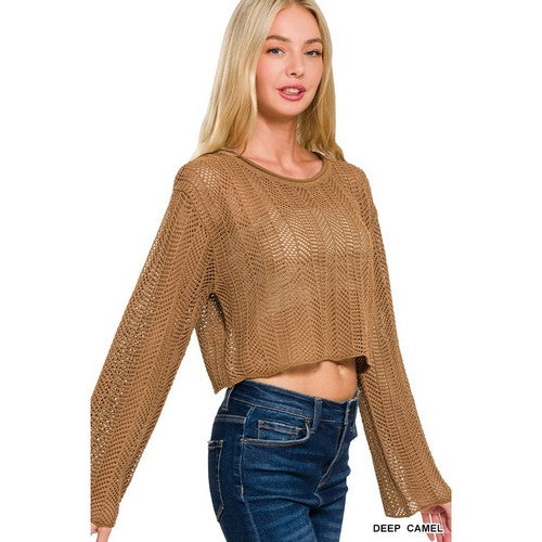 Crochet Crop Sweater in Deep Camel