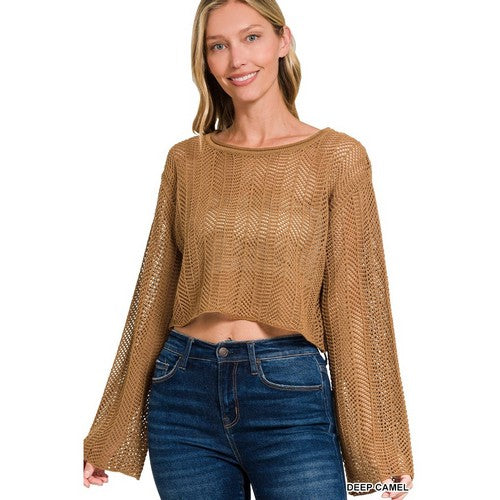TW-2483A5 Crochet Crop Sweater in Deep Camel