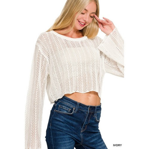 Crochet Crop Sweater in Ivory