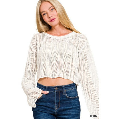 TW-2483A5 Crochet Crop Sweater in Ivory