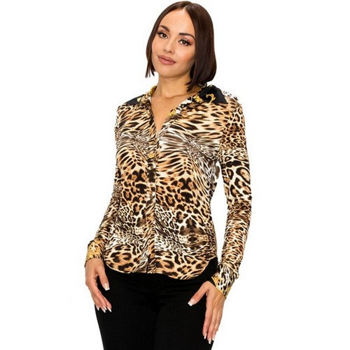 Long Sleeve Animal Print Shirt in Brown Tiger