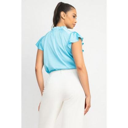 Satin Flutter Sleeve Blouse in Aqua Blue