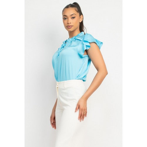 Satin Flutter Sleeve Blouse in Aqua Blue