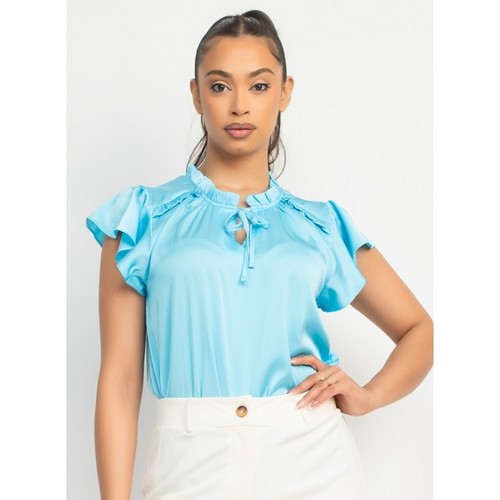 IT92332 Satin Flutter Sleeve Blouse in Aqua Blue