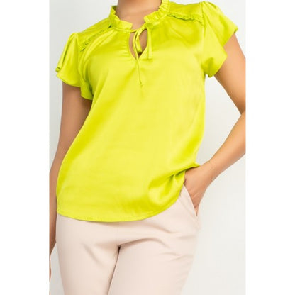 Satin Flutter Sleeve Blouse in Neon Lime