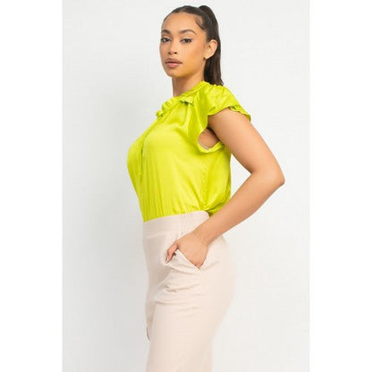 Satin Flutter Sleeve Blouse in Neon Lime