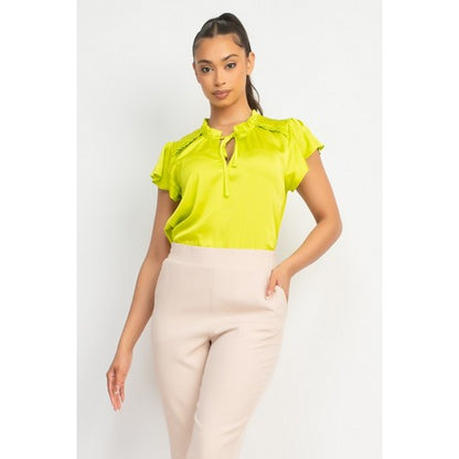 Satin Flutter Sleeve Blouse in Neon Lime