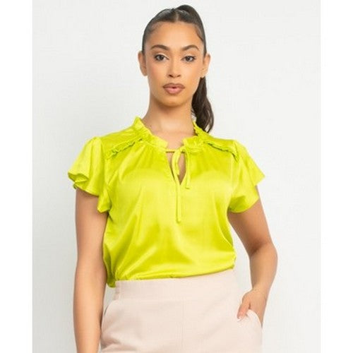 IT92332 Satin Flutter Sleeve Blouse in Neon Lime