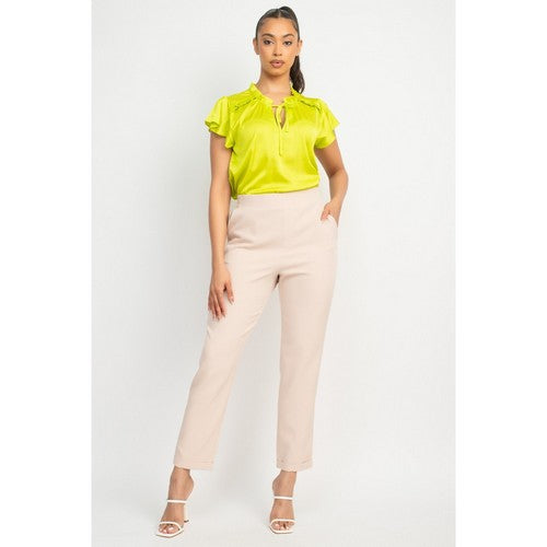 Satin Flutter Sleeve Blouse in Neon Lime