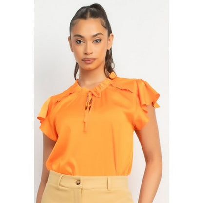 Satin Flutter Sleeve Blouse in Orange