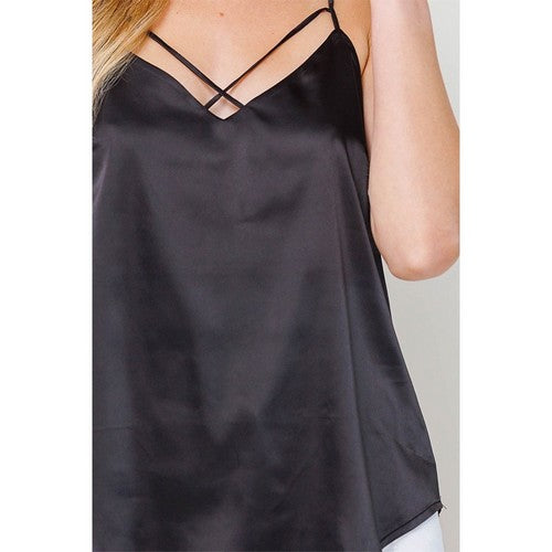 Cross Front Satin Cami Vest Top in Black