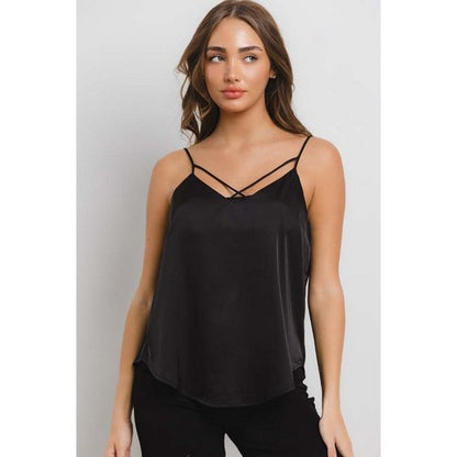 Cross Front Satin Cami Vest Top in Black