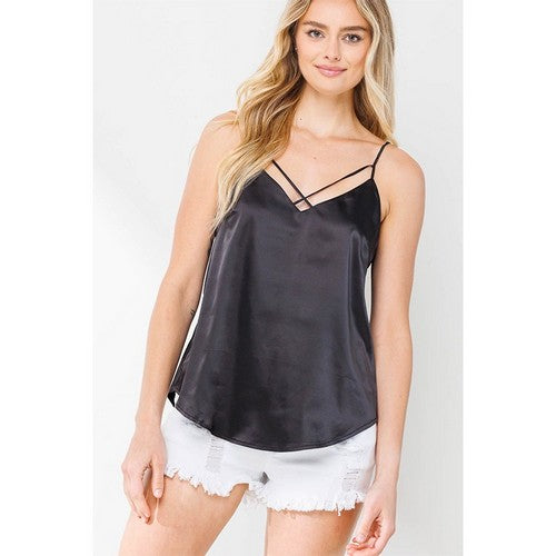 Cross Front Satin Cami Vest Top in Black