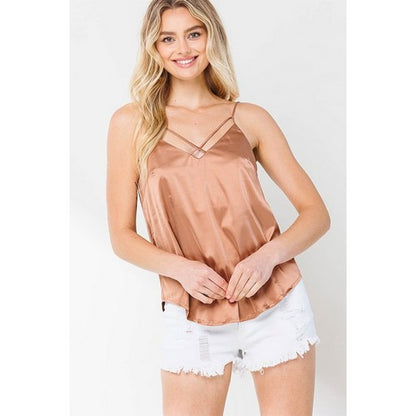 Cross Front Satin Cami Vest Top in Cafe