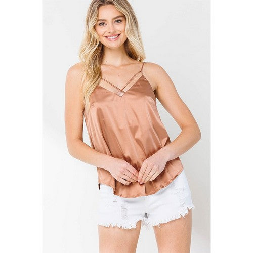 Cross Front Satin Cami Vest Top in Cafe