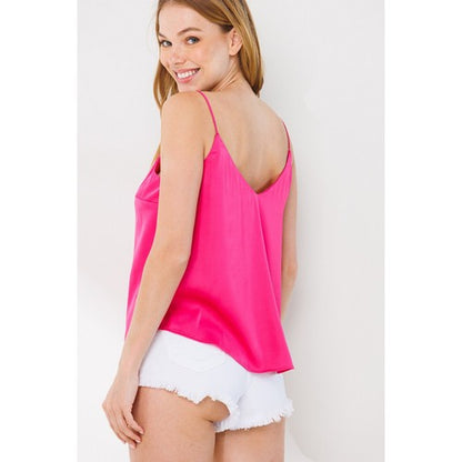 Cross Front Satin Cami Vest Top in Fuchsia