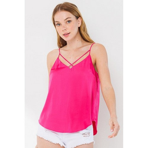 Cross Front Satin Cami Vest Top in Fuchsia